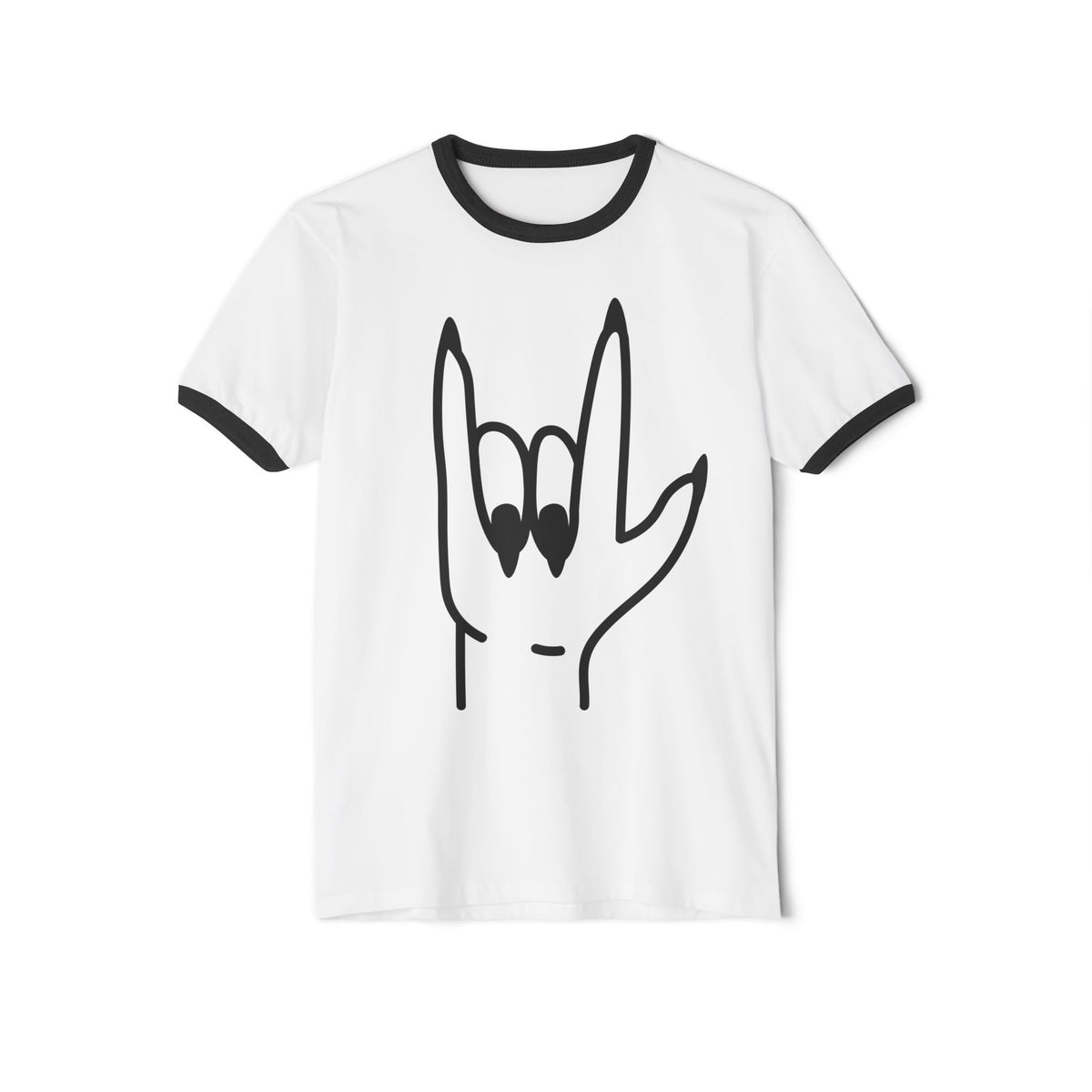Rock Hand Ringer T-Shirt — Minimal 'I Love You/Devil Horns' Line Art Tee