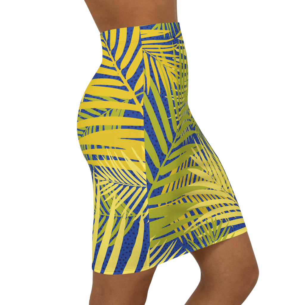 Tropical Palm Pencil Skirt — Yellow Blue All-Over Print