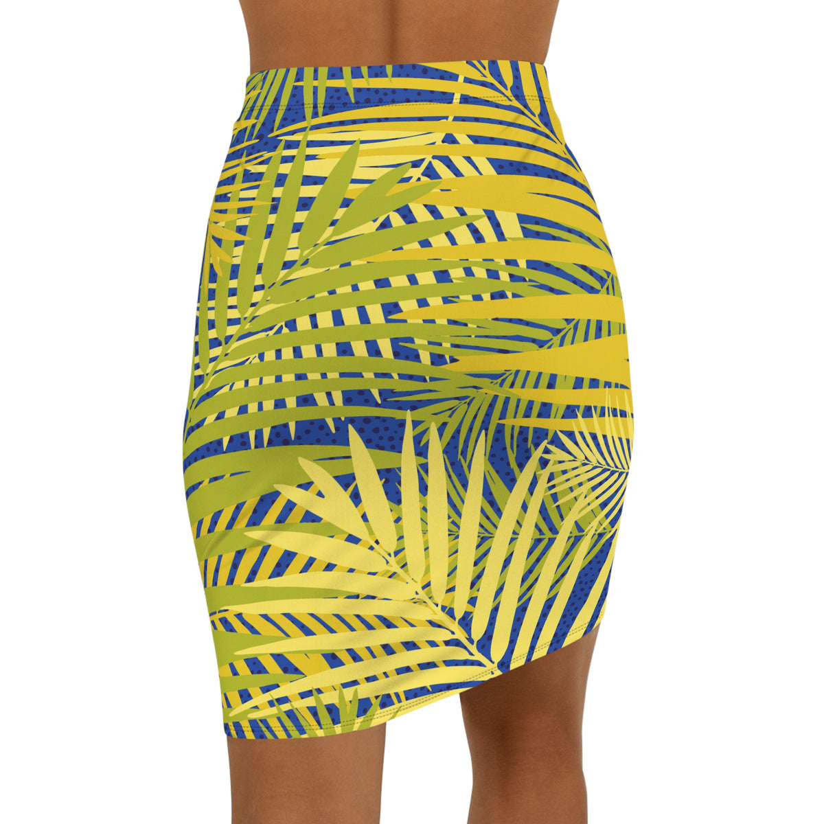 Tropical Palm Pencil Skirt — Yellow Blue All-Over Print