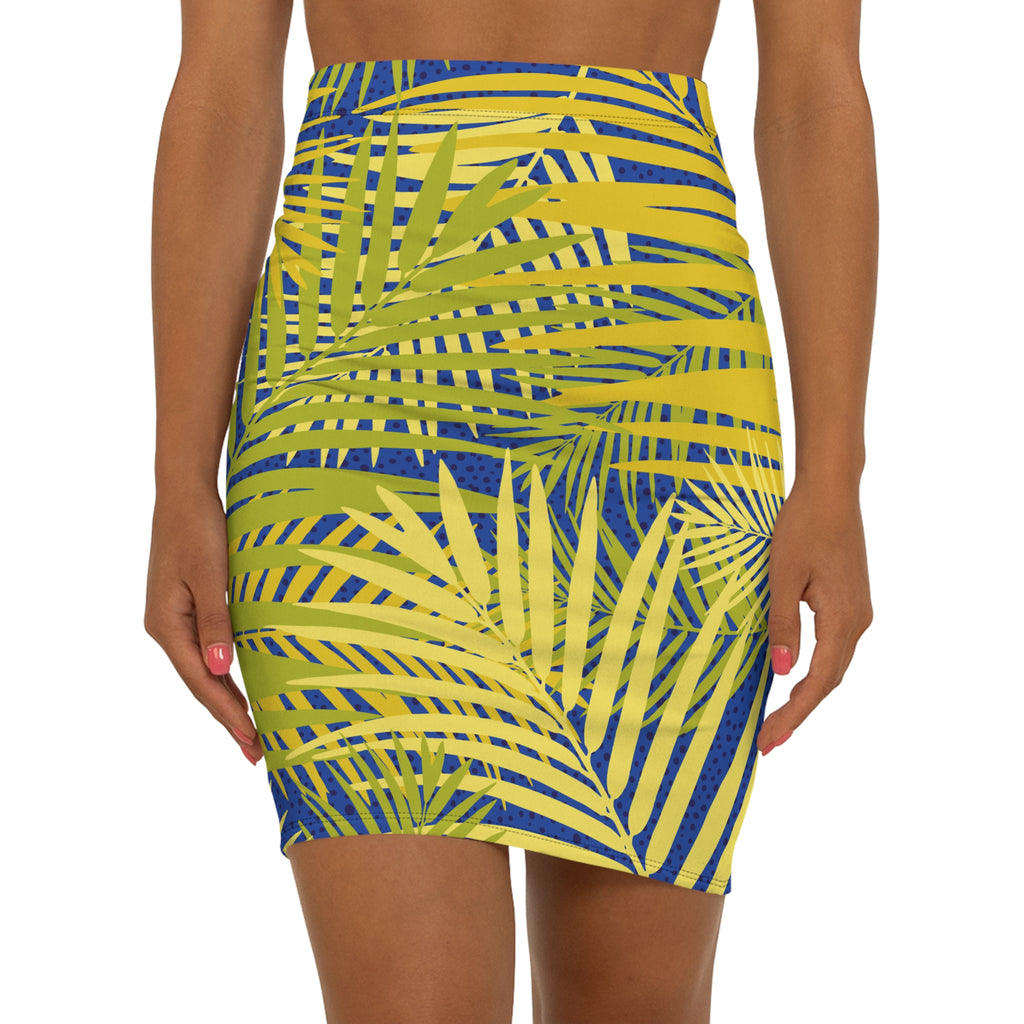 Tropical Palm Pencil Skirt — Yellow Blue All-Over Print