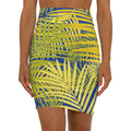 Tropical Palm Pencil Skirt — Yellow Blue All-Over Print