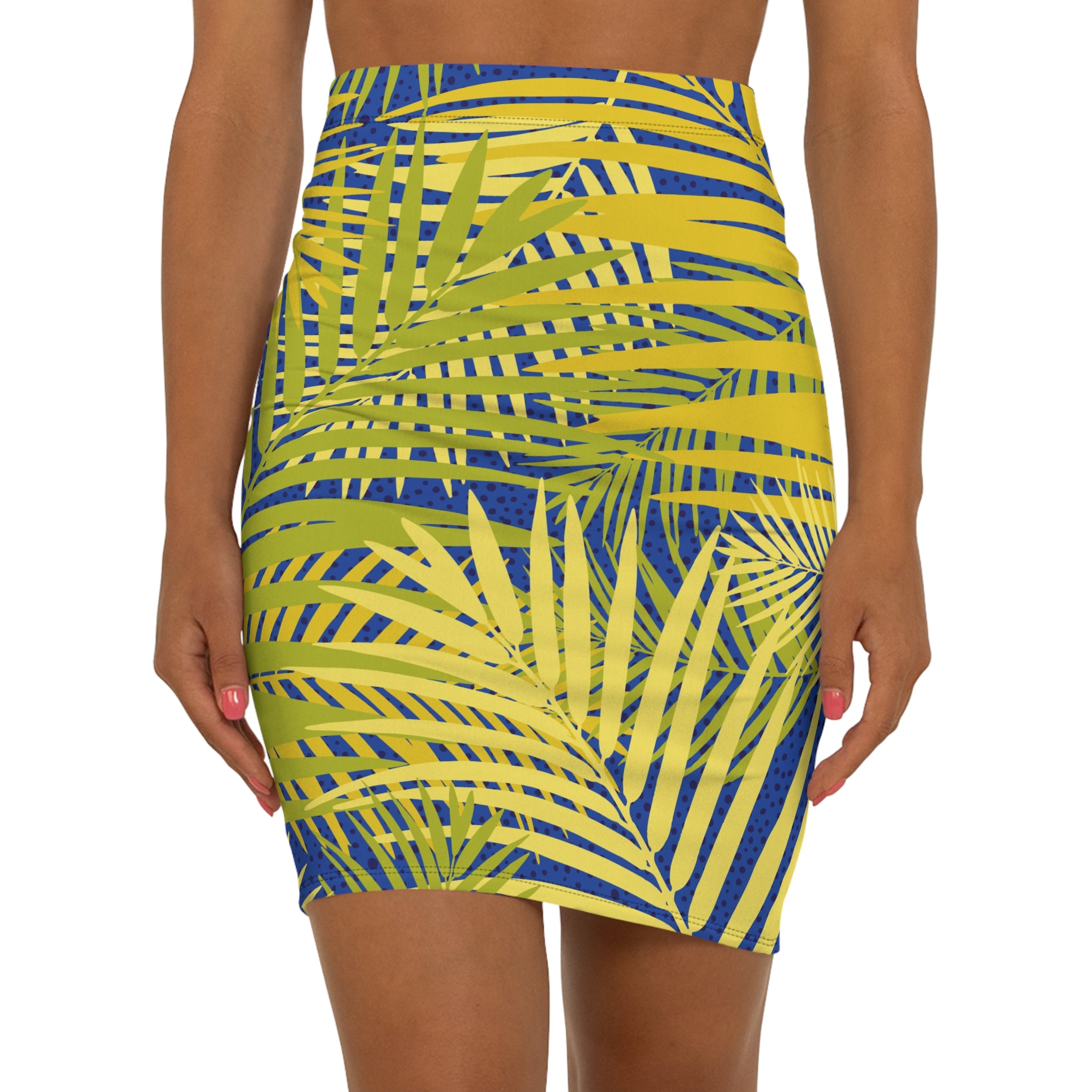 Tropical Palm Pencil Skirt — Yellow Blue All-Over Print