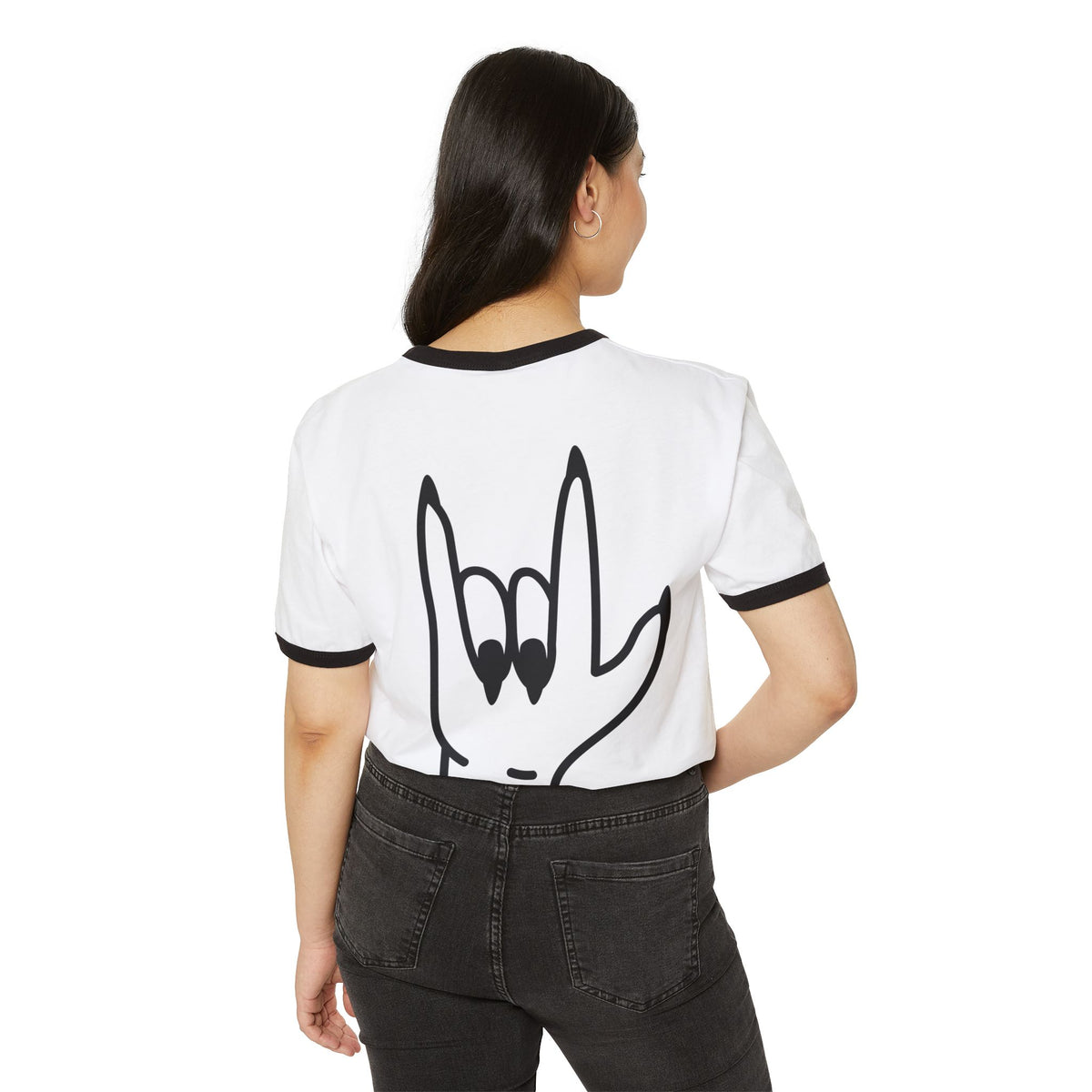 Rock Hand Ringer T-Shirt — Minimal 'I Love You/Devil Horns' Line Art Tee