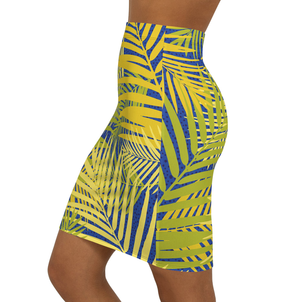 Tropical Palm Pencil Skirt — Yellow Blue All-Over Print