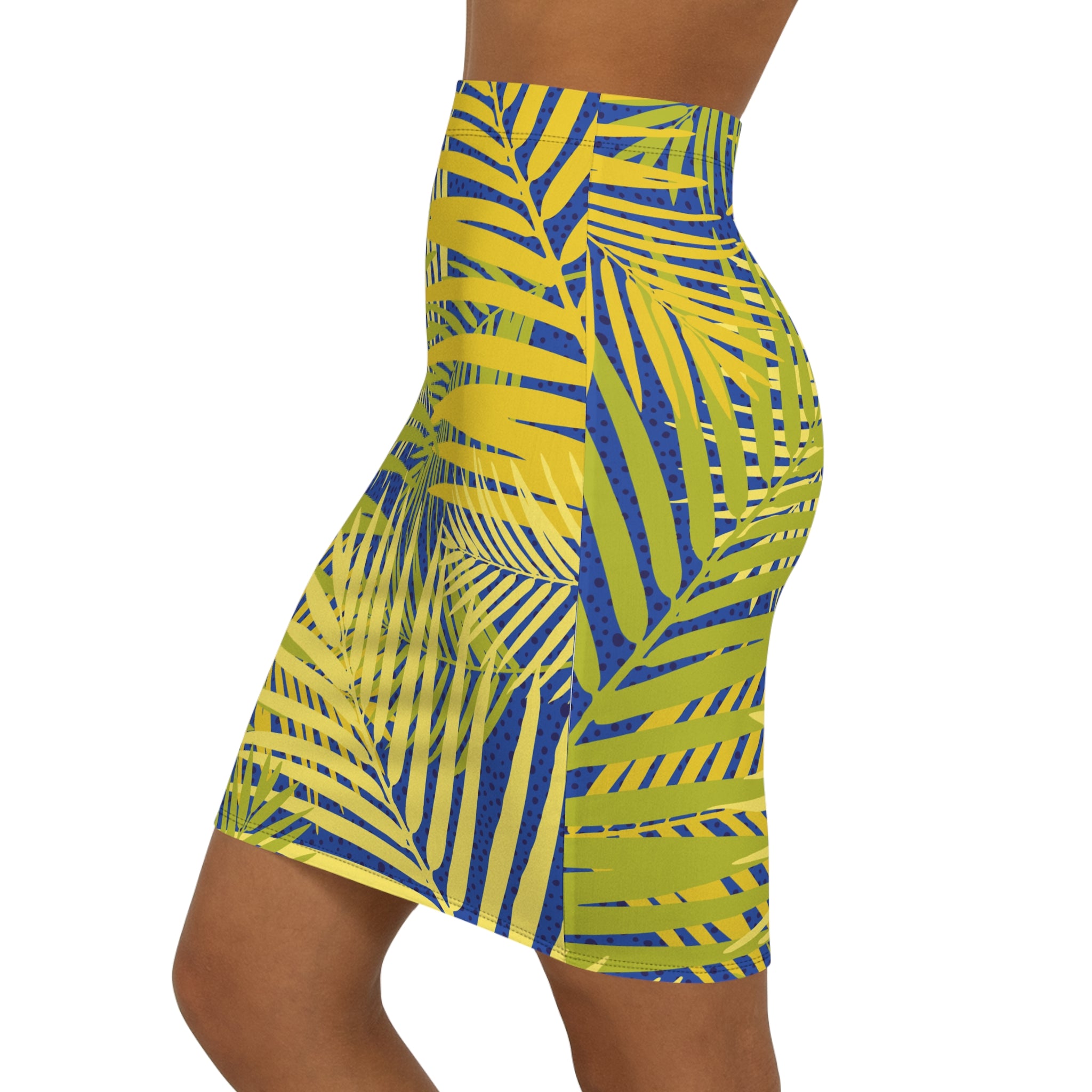 Tropical Palm Pencil Skirt — Yellow Blue All-Over Print