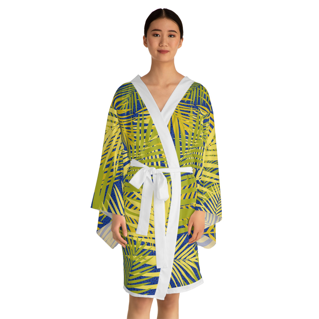 Tropical Palm Kimono Robe — Yellow & Blue All-Over Print