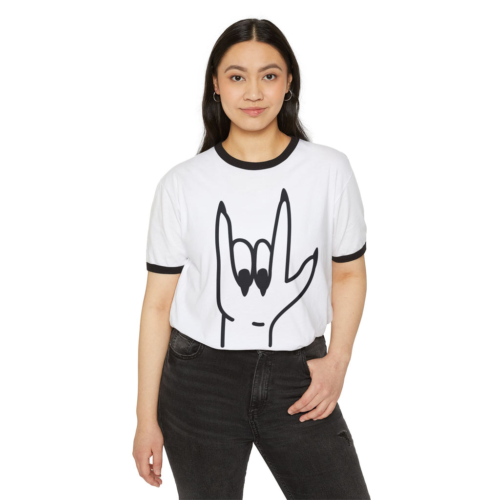Rock Hand Ringer T-Shirt — Minimal 'I Love You/Devil Horns' Line Art Tee
